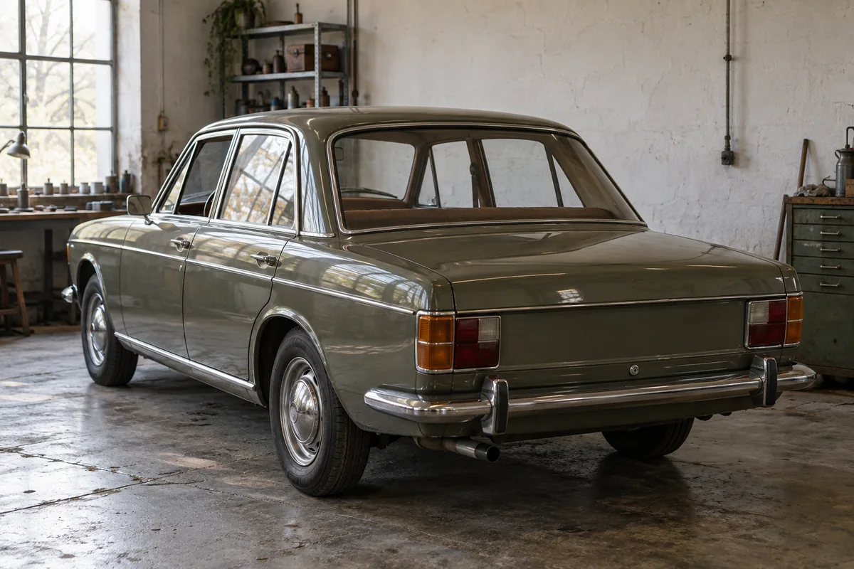 Heck und Seitenlinie einer olivgrauen historischen Limousine vor einer hellen Wand.