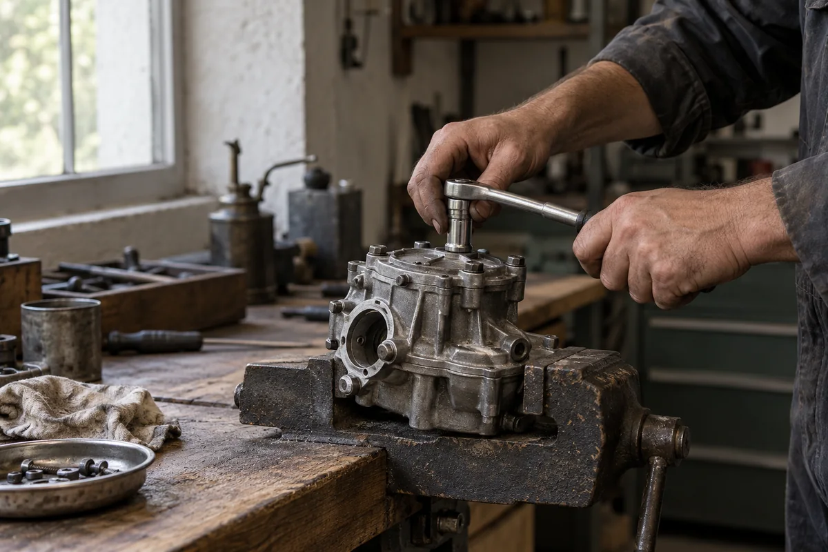 Hände führen einen Steckschlüssel an einem eingespannten Metallgehäuse.